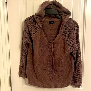 Daytrip women’s dusty, mauve open crochet long sleeves, hooded sweater. Size Med